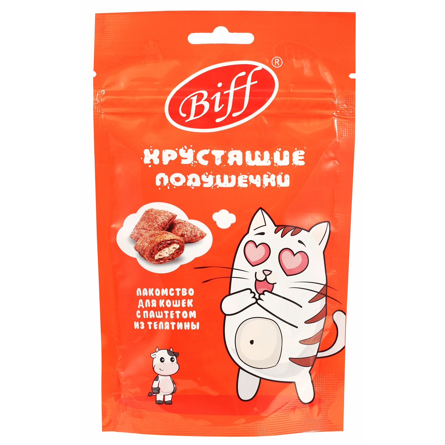 Лакомство для кошек BIFF 60г с паштетом из телятины хрустящие подушечки - фото 1