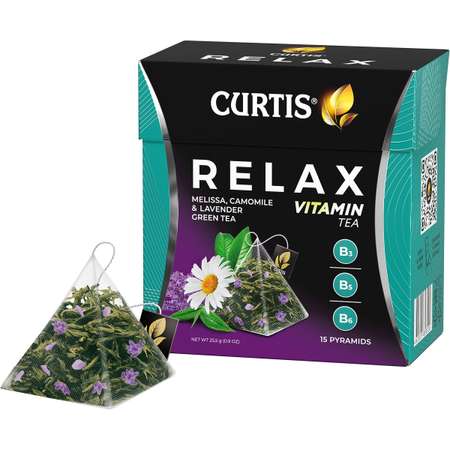 Чай зеленый Curtis Relax 15 пирамидок с ромашкой лавандой мелиссой и витаминами В3 В5 В6