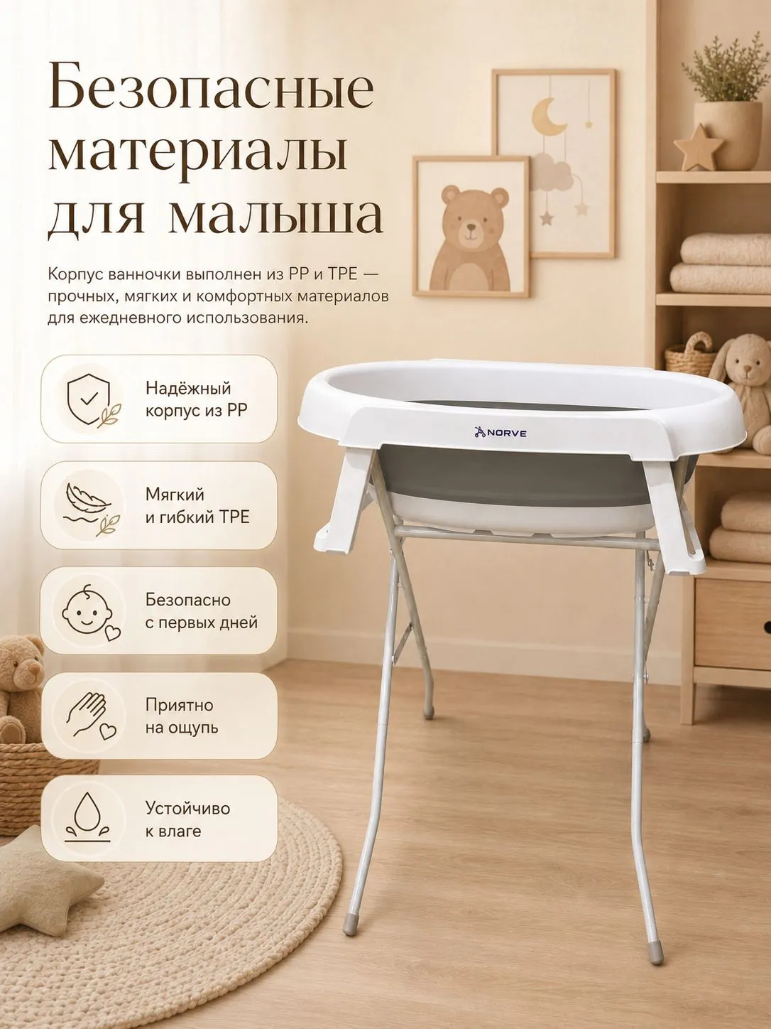 Ванночка, подставка для ванночки NORVE ванночка для купания складная, с матрасиком белый - фото 12