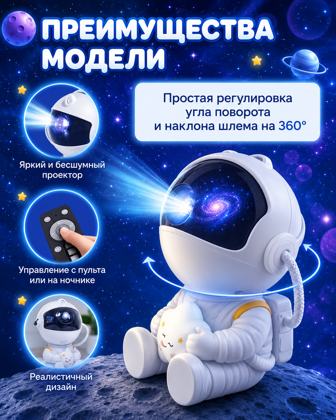 Ночник-проектор Космонавт BalaToys Звездное небо светильник - фото 6