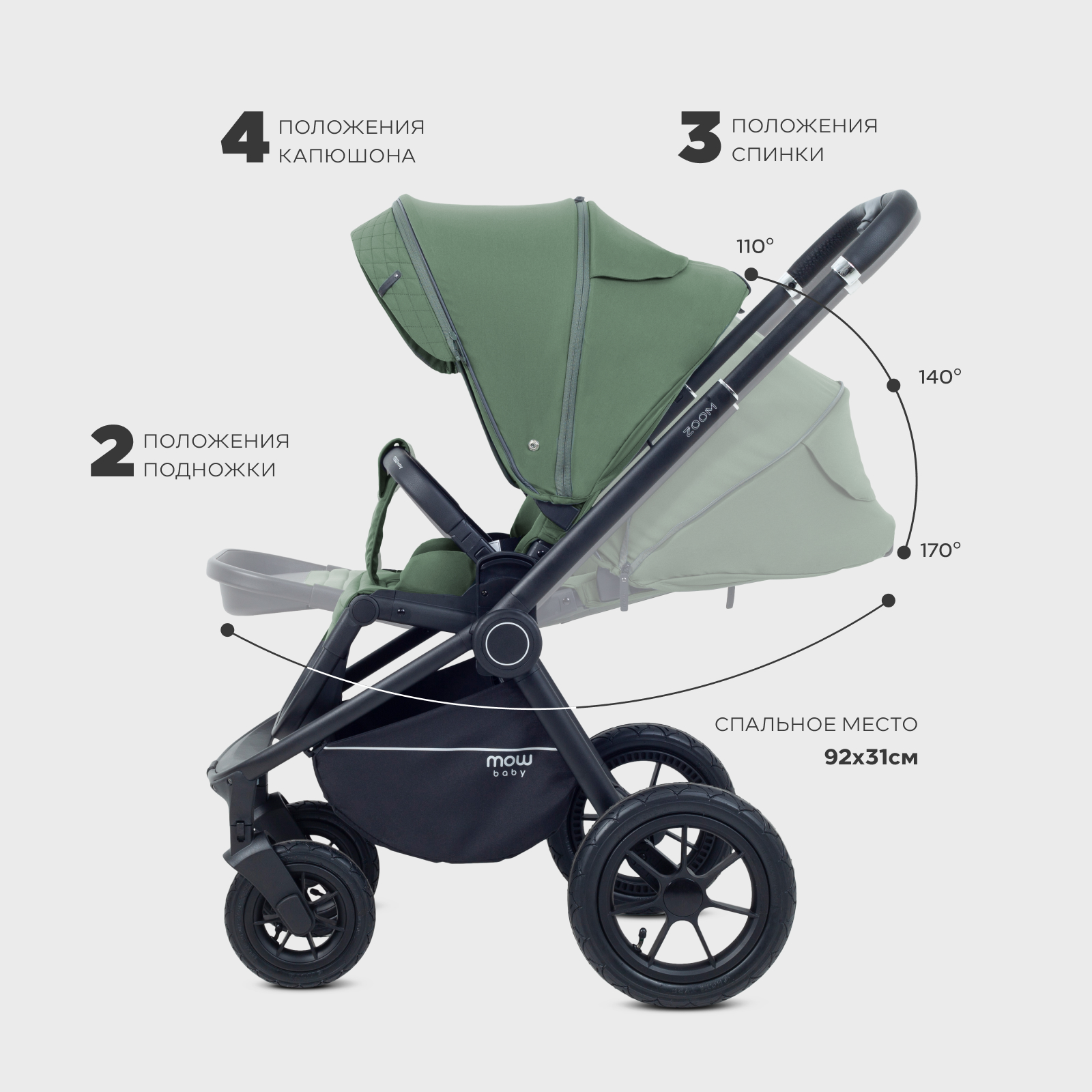 Коляска 3в1 MOWbaby Zoom air 3в1, olive зеленый - фото 11