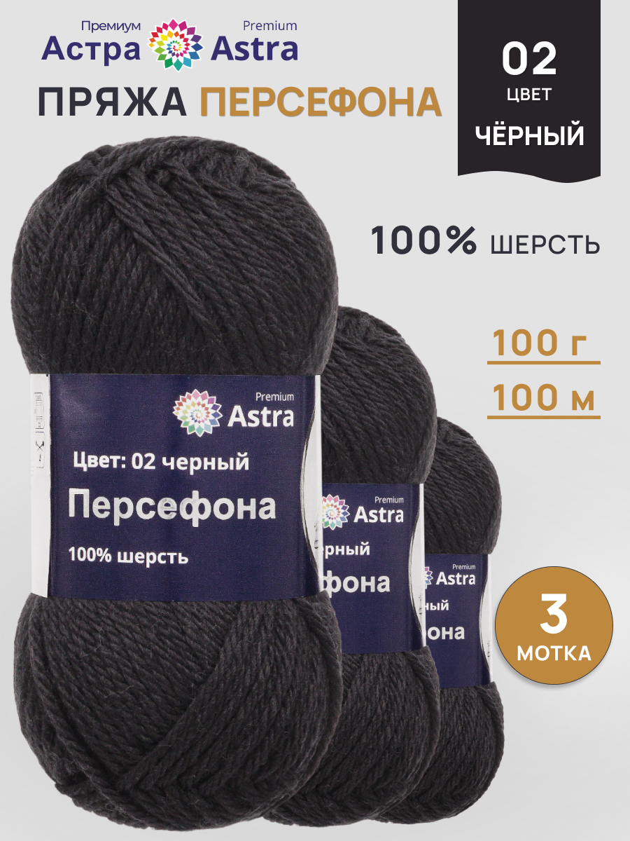 Пряжа Astra Premium Персефона шерстяная 100 г 100 м 02 черный 3 мотка - фото 1