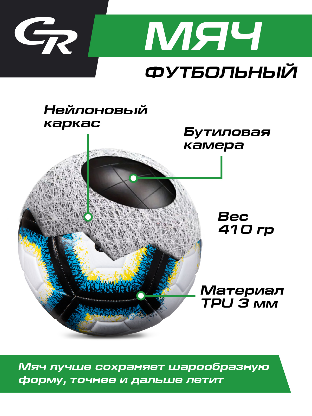 Спортивный мяч CITYRIDE Черный-синий-желтый футбольный 22 см - фото 2