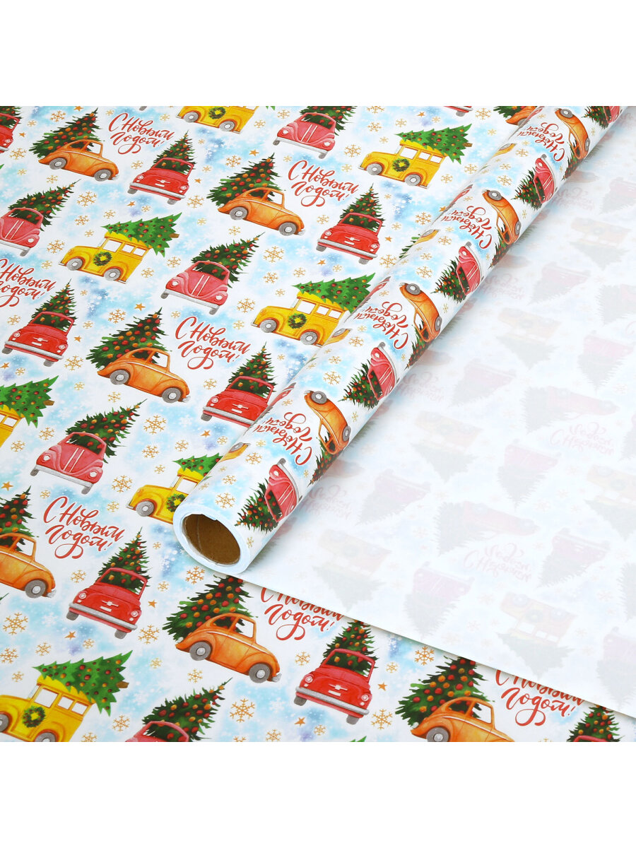 Упаковочная бумага Золотая сказка для новогодних подарков в рулоне 70 см х 10 м Машинки - фото 2