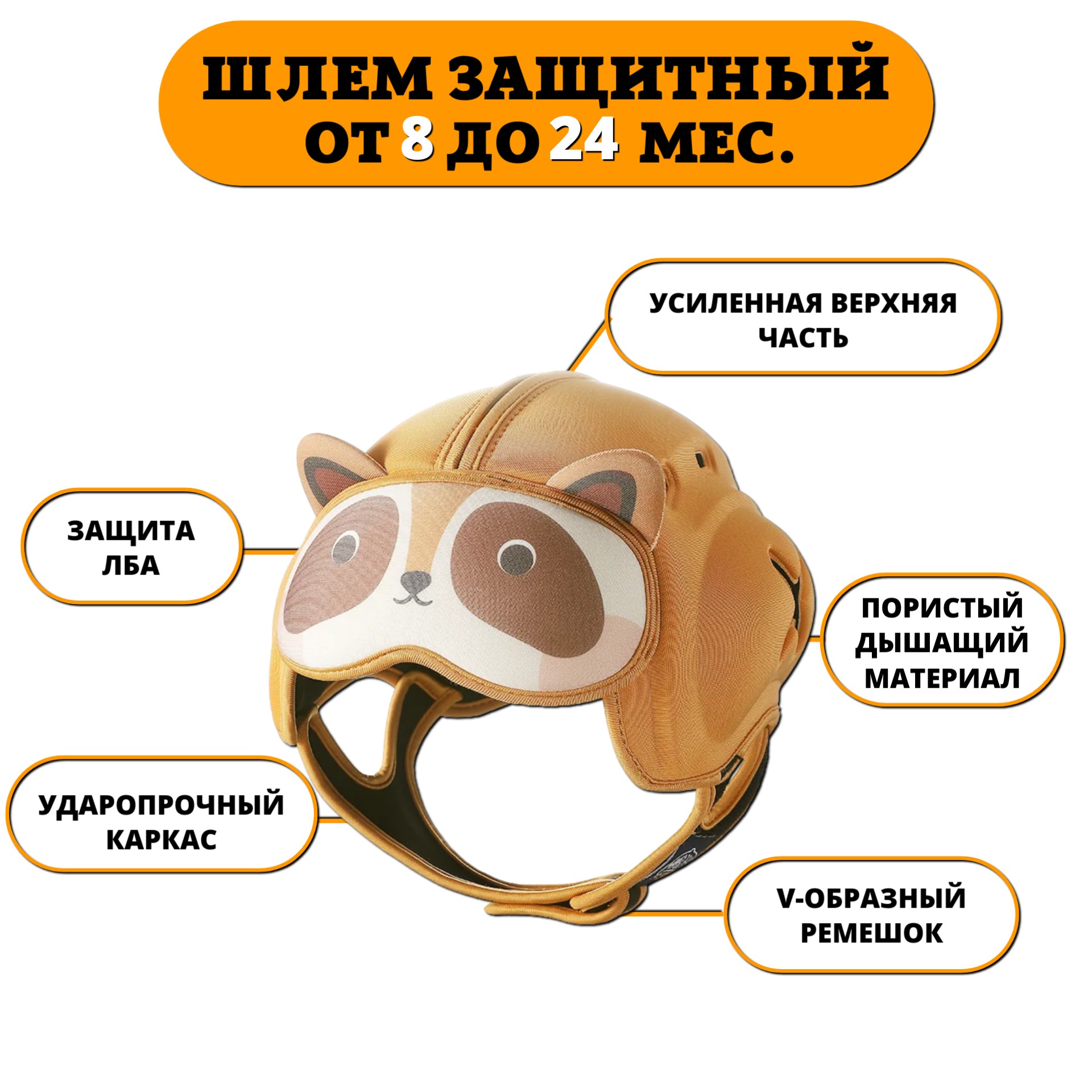 Изображение товара Детский защитный шлем Енот Newone для малышей 6-24 месяцев