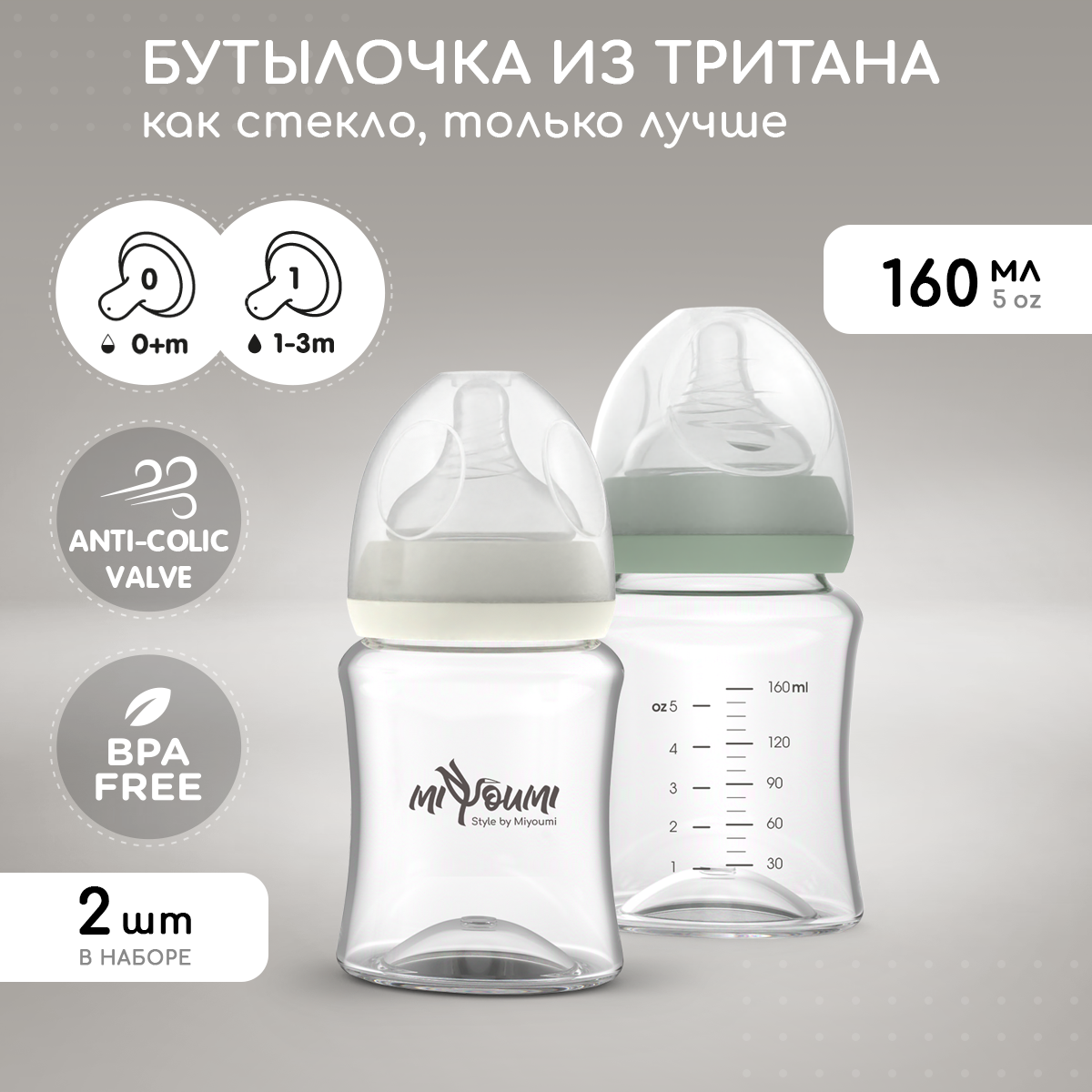 Бутылочка Miyoumi Anti-Colic 160 мл 2 шт. - фото 1