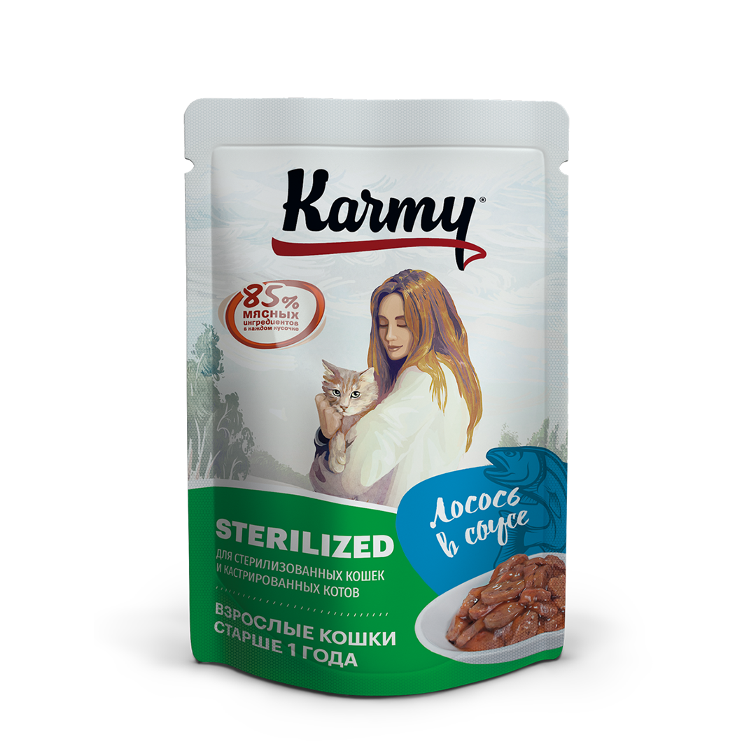 Корм для кошек Karmy Sterilized для кошек и кастрированных котов старше 1 года Лосось в соусе 80г - фото 1