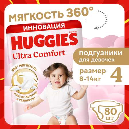 Подгузники Huggies Ultra Comfort для девочек 4 (8-14 кг) 80 шт.