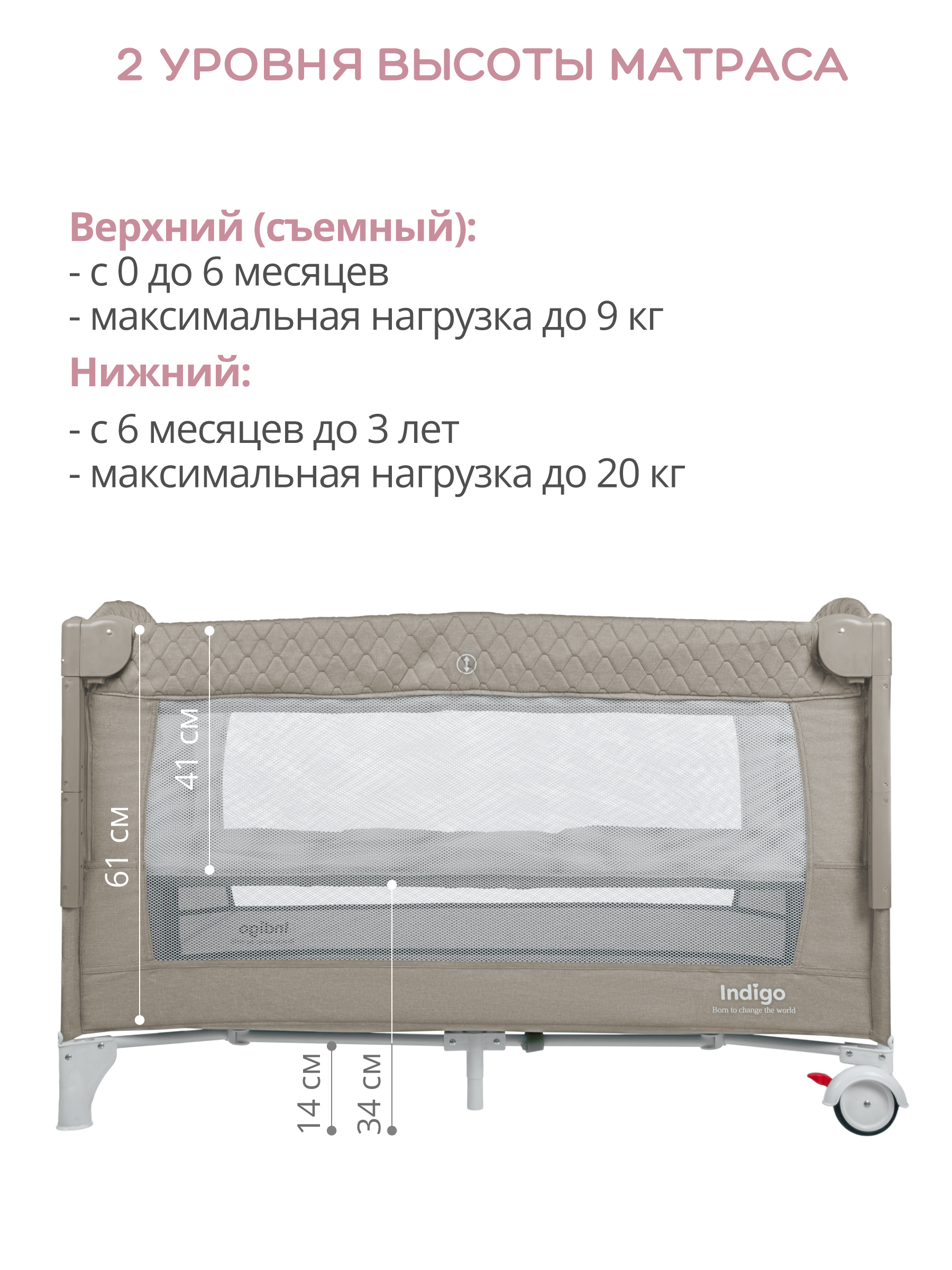 Манеж, кровать и кроватка приставная 3в1 Indigo Bon-Bon 2 уровня с рождения с сумкой бежевый 4657833590855 - фото 6