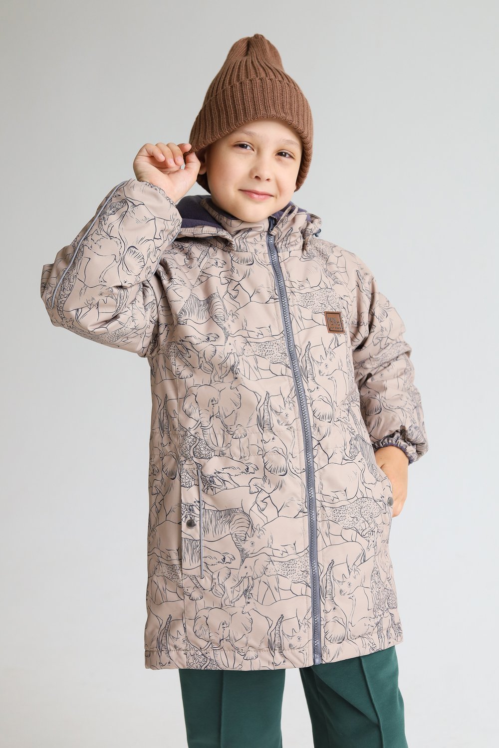 Парка MINIDINO В-К-034/ДПарка детская еврозима принт Сафари темно-бежевый - фото 1