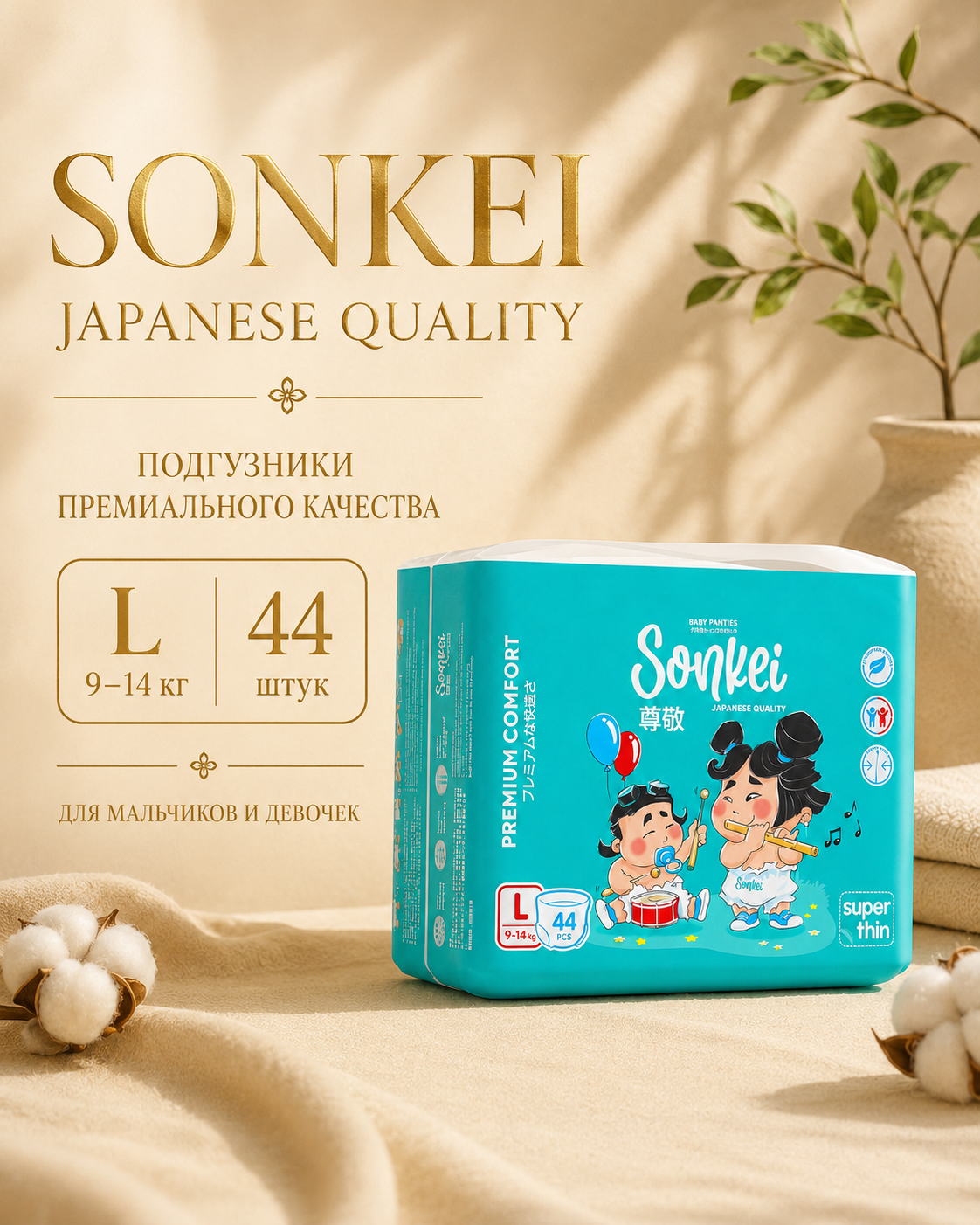 Трусики Sonkei ультратонкие L (9-14 кг) 44 шт. - фото 1