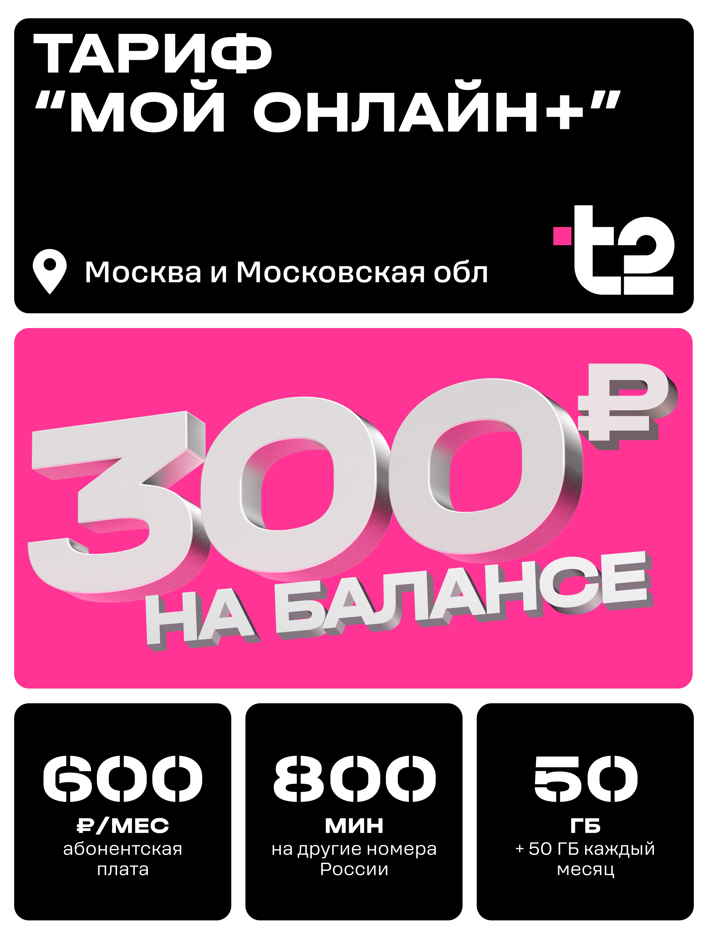 Sim-карта t2, тариф "Мой онлайн+", баланс - 300 рублей - фото 1