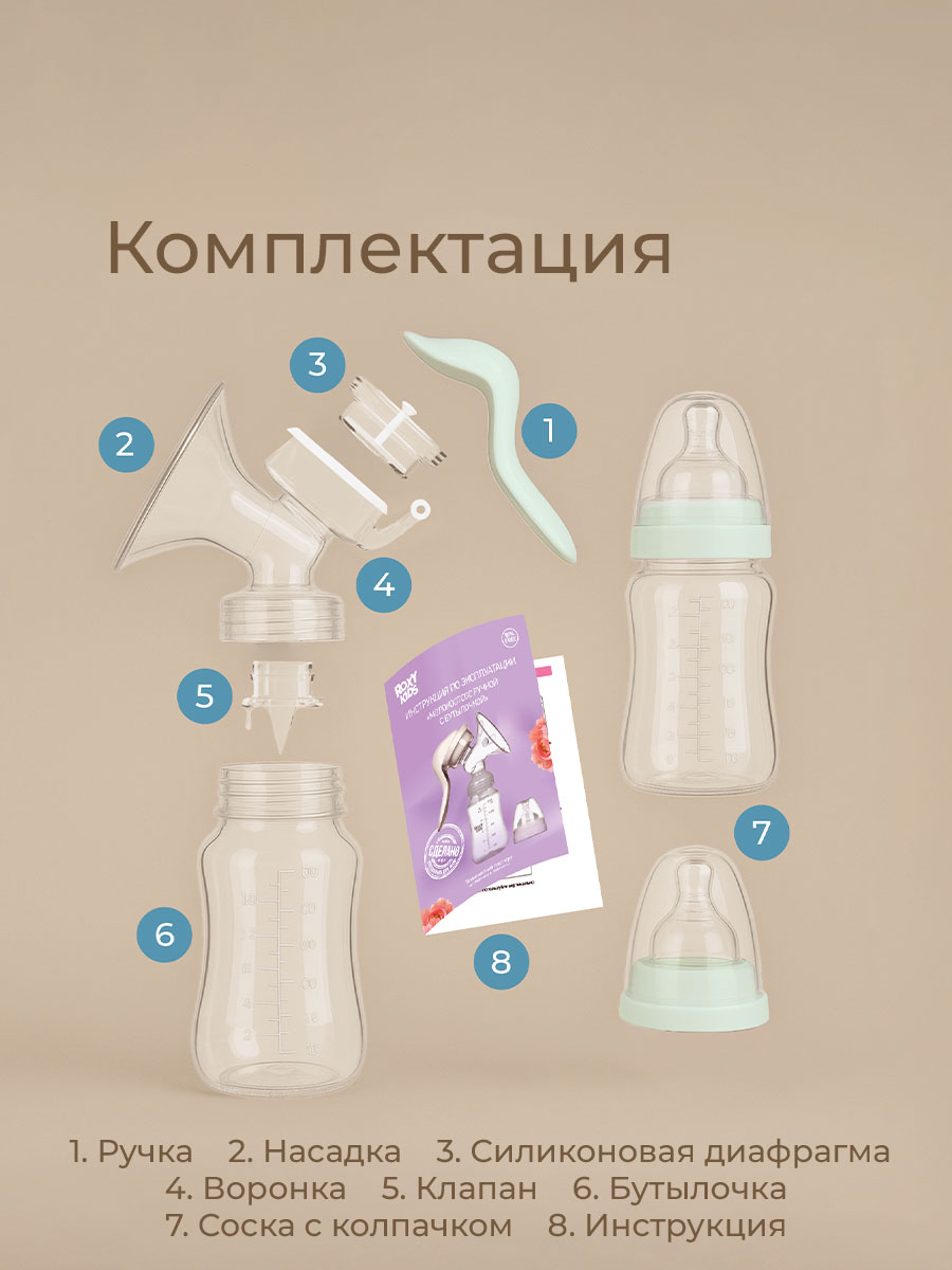 Молокоотсос ROXY-KIDS ручной механический с бутылочкой и соской цвет зеленый - фото 11
