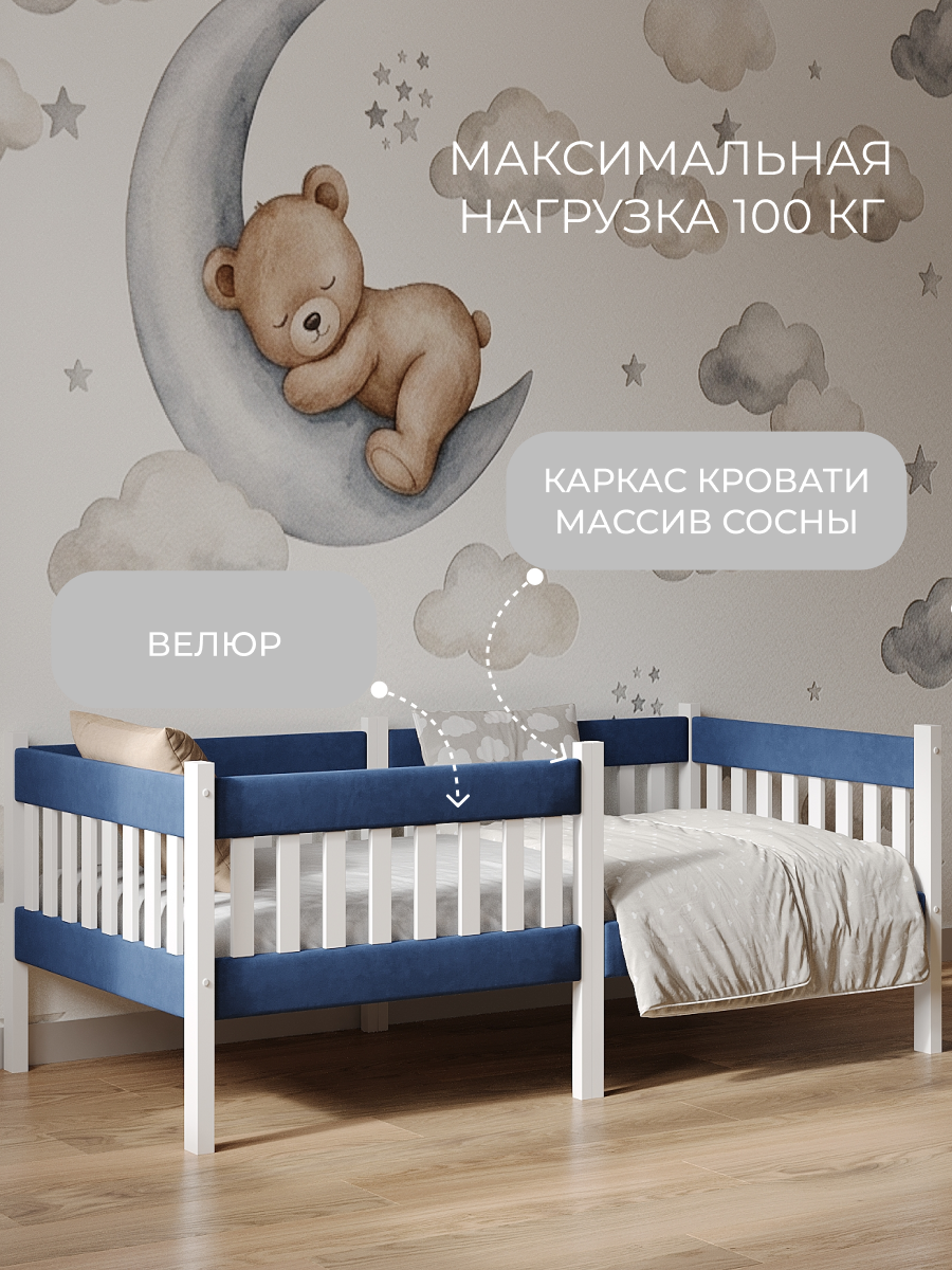 Кровать подростковая Мамина прелесть с мягкими бортиками 160х80см (синий) - фото 2