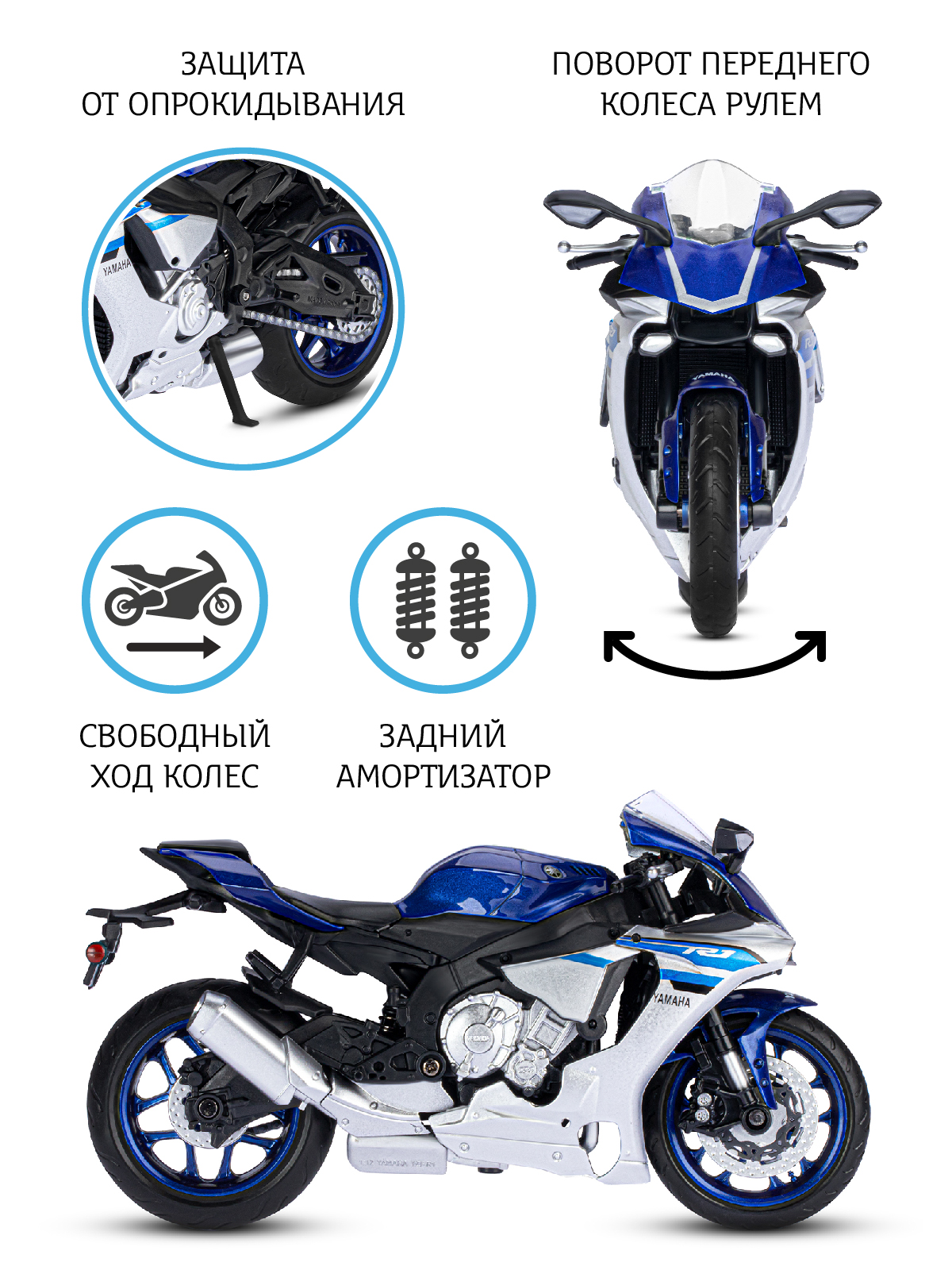 Мотоцикл АВТОпанорама Yamaha YZF R1 1:12 JB1251571 - фото 2