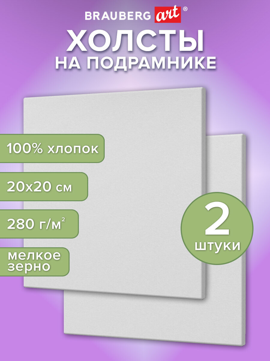 Холст для рисования Brauberg на подрамнике 20х20 см грунтованный 100% хлопок набор 2 штуки - фото 1
