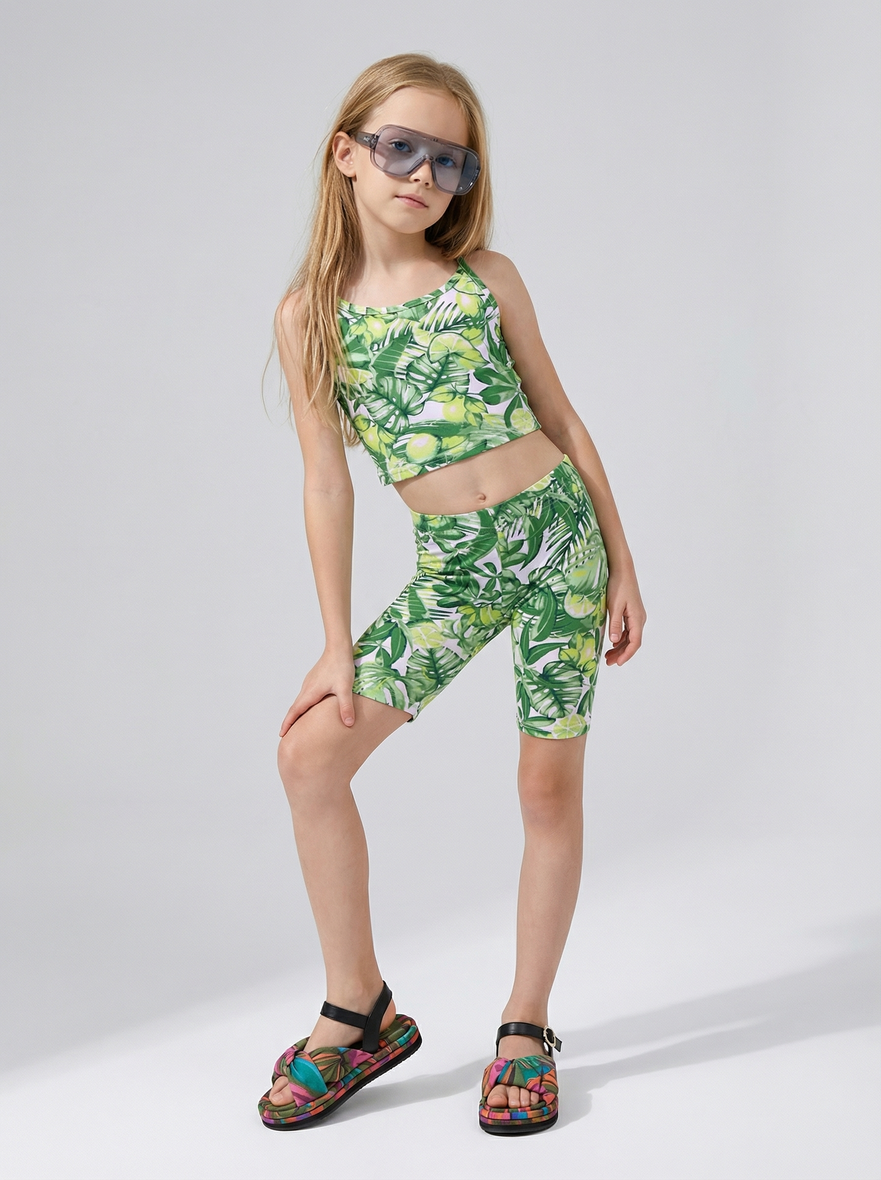 Изображение товара Комплект YOULALA кроп-топ и велосипедки для девочки листья эластан ткань