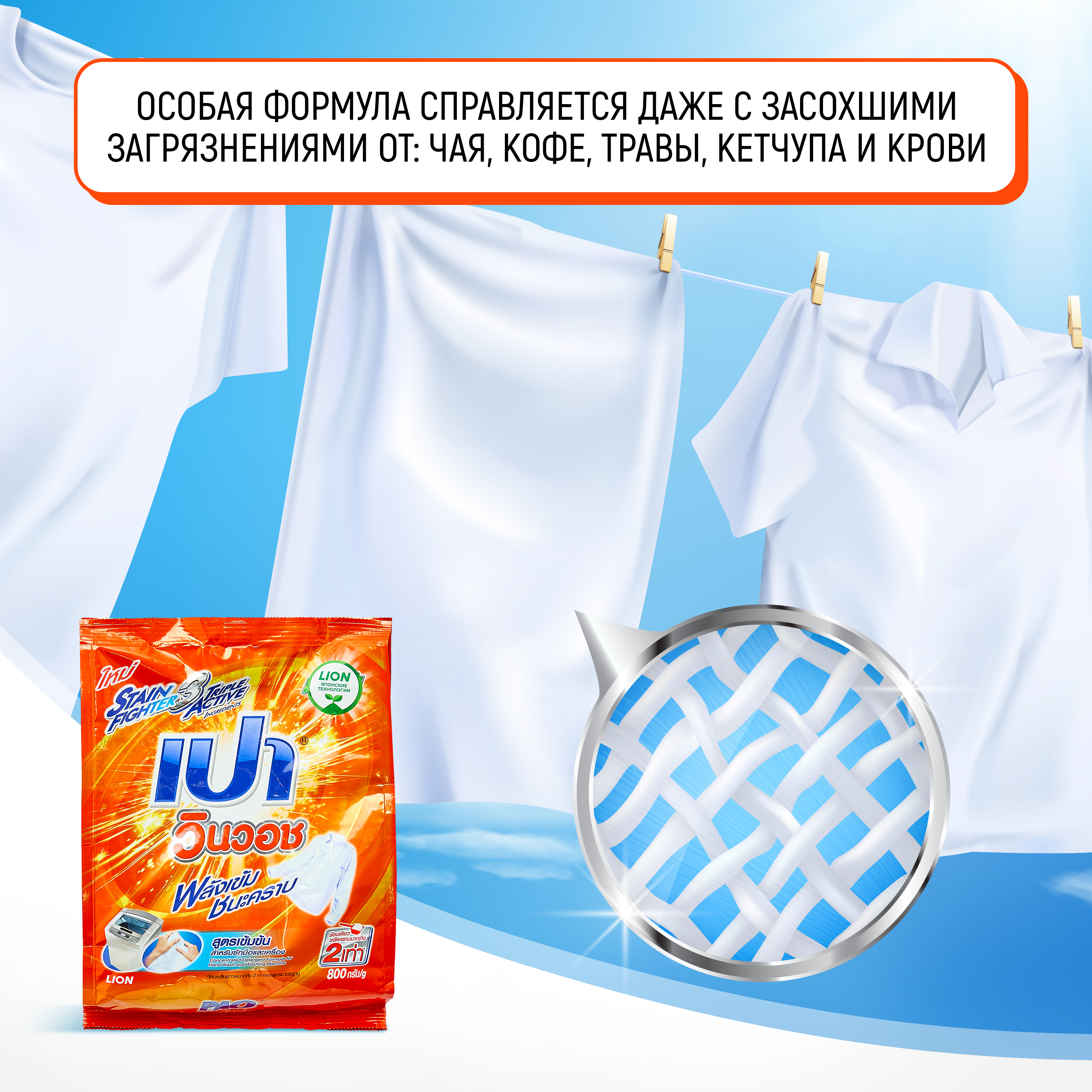 Порошок стиральный LION Pао Win Wash Regular для всех типов стиральных машин 800 г - фото 4