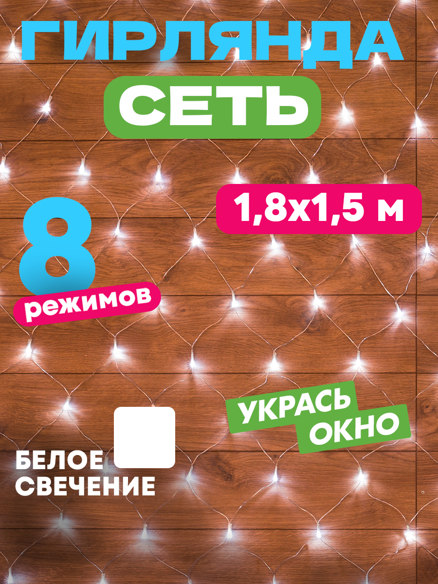 Светодиодная гирлянда NEON-NIGHT Сеть 1.8х1.5 м 8 режимов белое свечение - фото 1