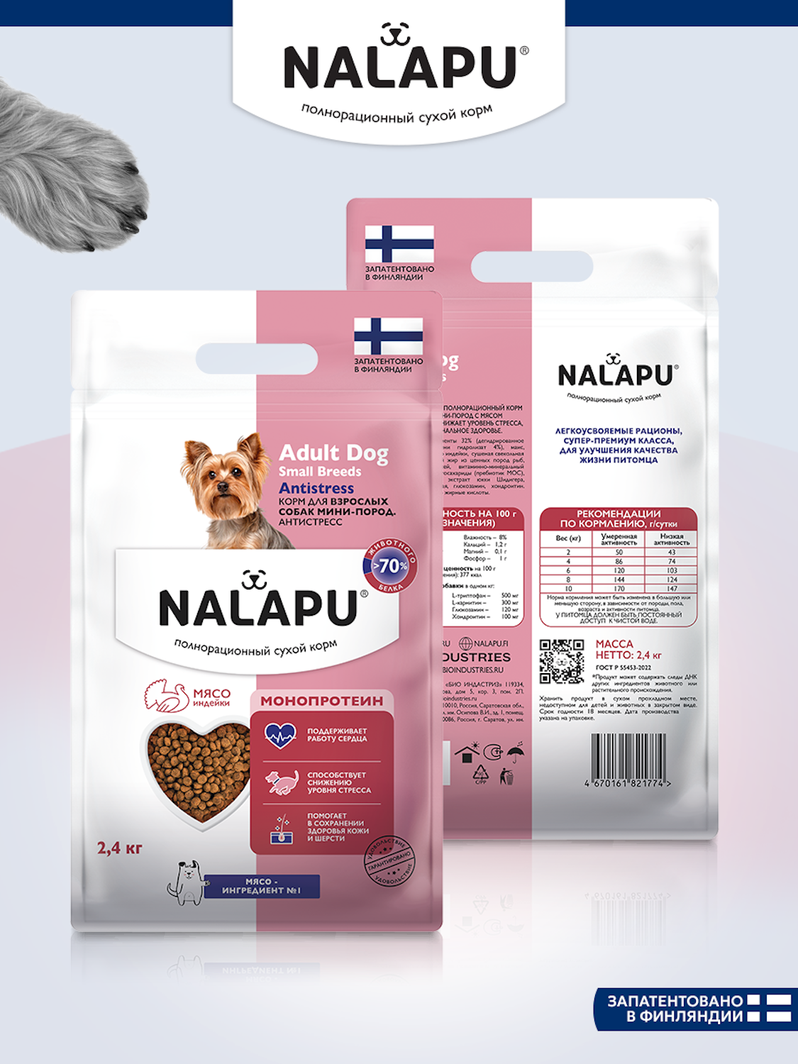 Корм для взрослых собак сухой NALAPU Antistress Мини пород с мясом индейки 2.4кг - фото 6