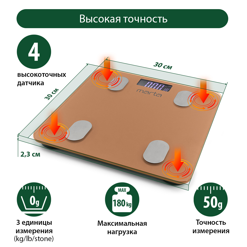 Весы напольные MARTA MT-1607 LCD диагностические умные с Bluetooth золотистый опал - фото 10