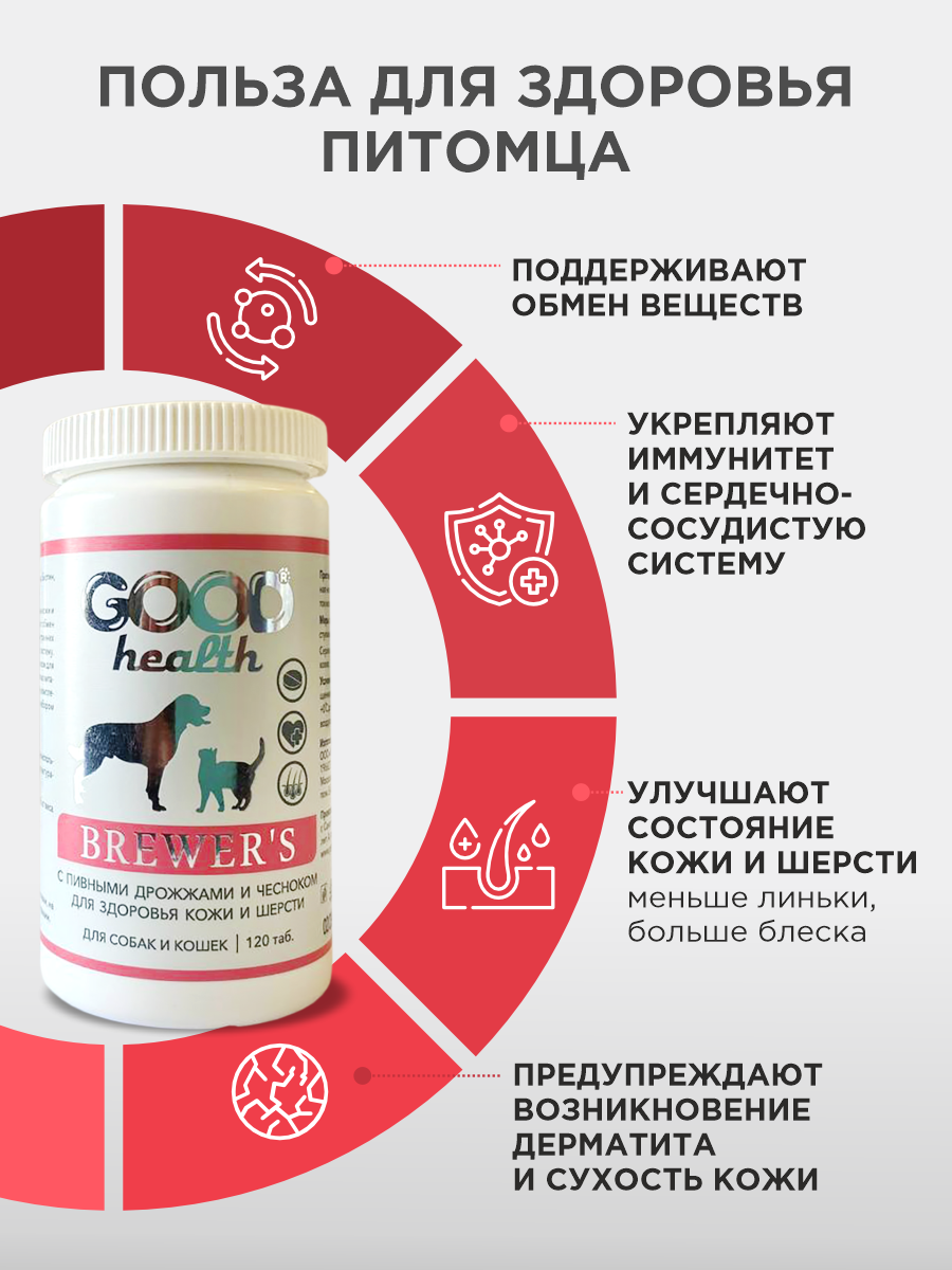 Витамины для кошек и собак GOODR HEALTH BREWER'S для кожи и шерсти 120 таб. - фото 3