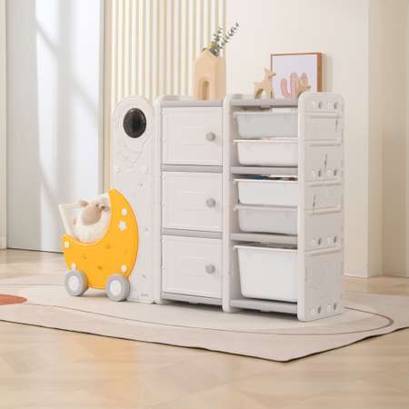 Стеллаж для игрушек UNIX Kids Moon 8 3 полки 5 ящиков с тележкой