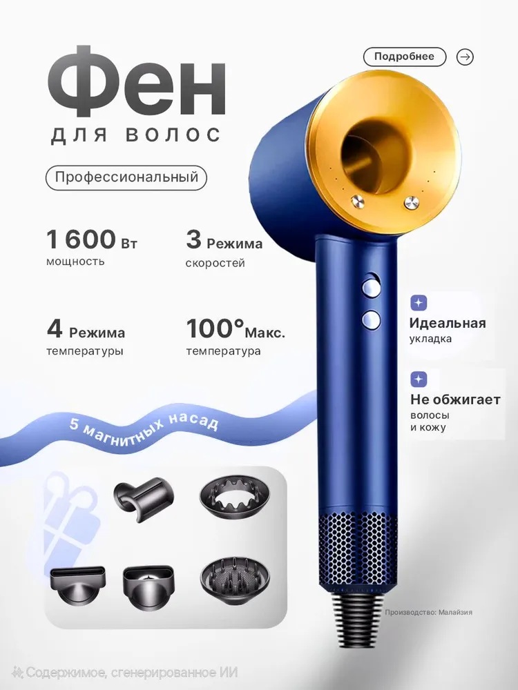 Фен с 5 магнитными насадками CASTLELADY с ионизацией 1600 BT шнур 1,8 метра синий - фото 1