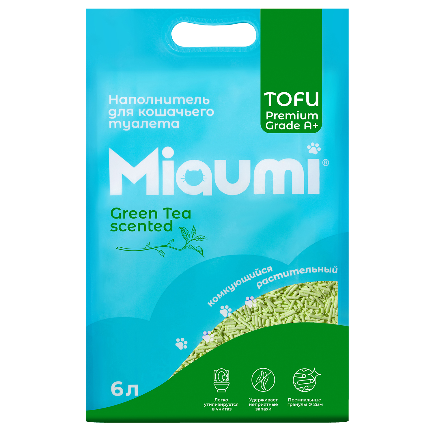Наполнитель Miaumi Tofu Green Tea Scented 6 л комкующийся, растительный - фото 1