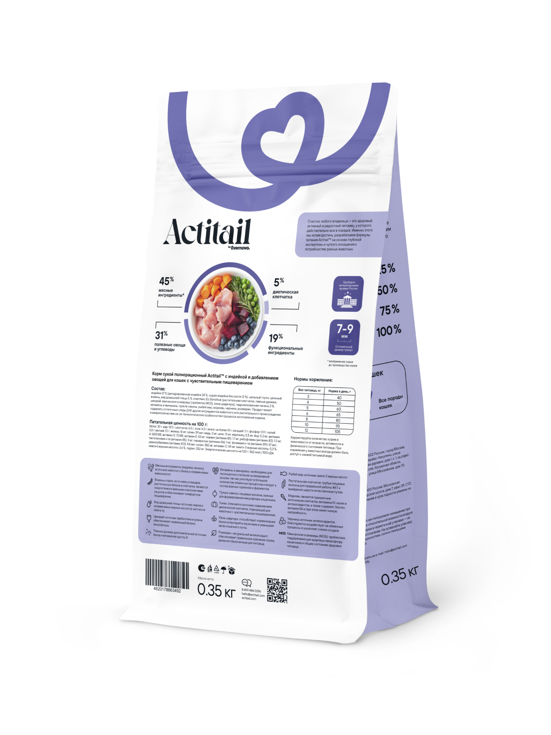 Корм сухой полнорационный Actitail с индейкой и добавлением овощей для кошек с чувствительным пищеварением 350г - фото 2