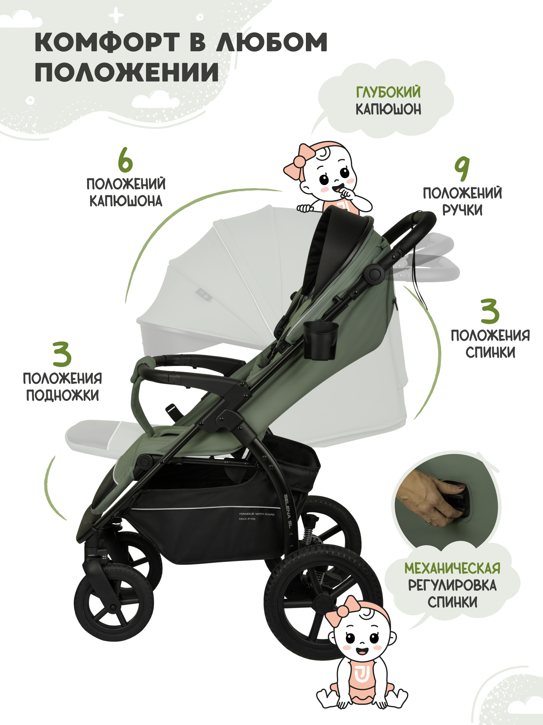 Коляска прогулочная JOVOLA Selena SL, зеленый - фото 7