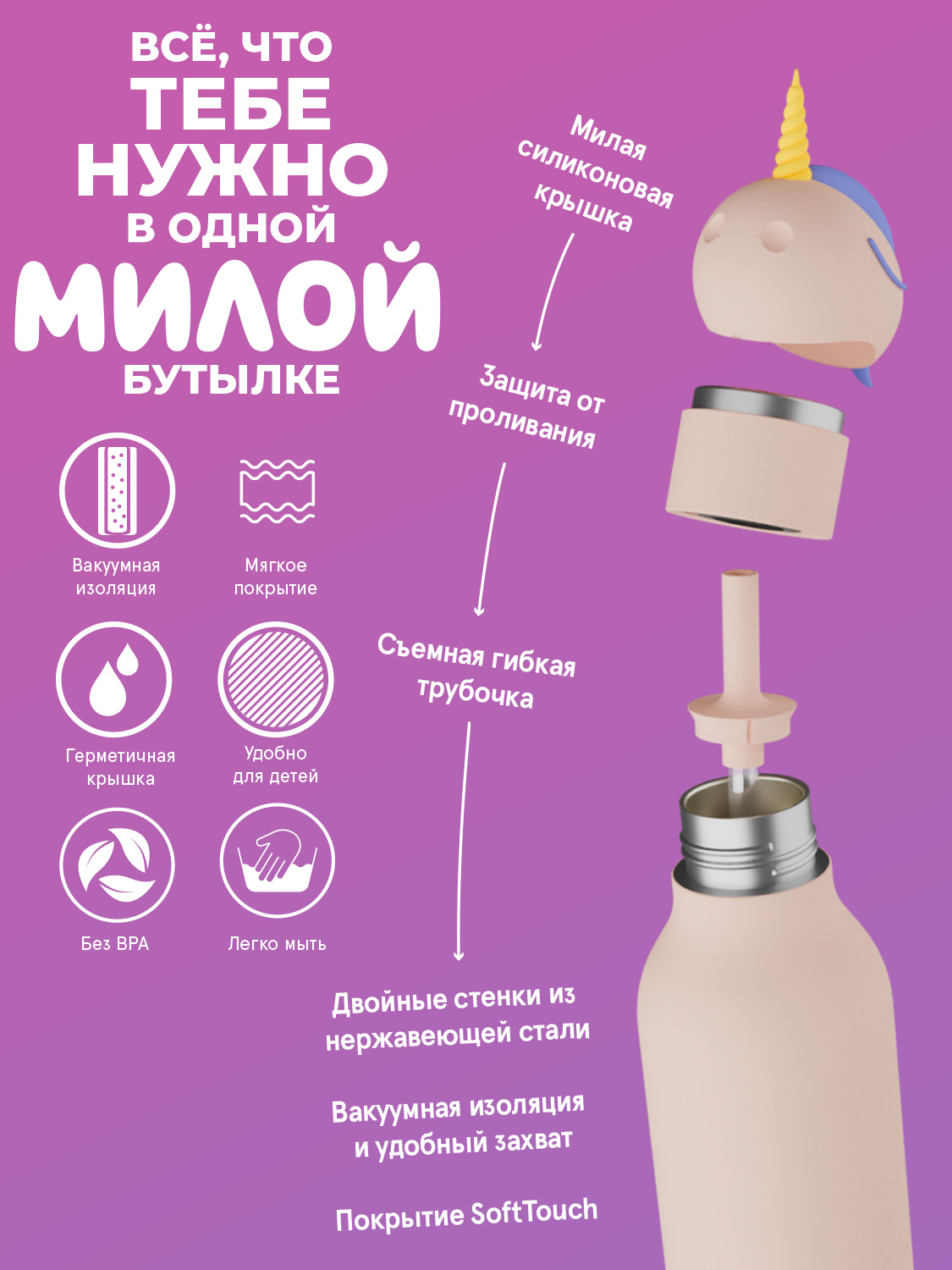Термобутылка ASOBU Bestie Единорог, 460 мл - фото 3