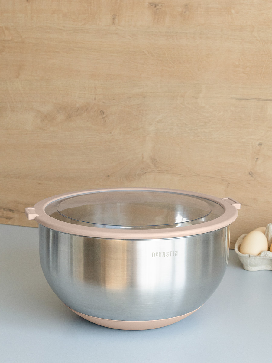 Миска DeNASTIA с прозрачной крышкой 5 л нерж.сталь бежевый A000336 - фото 1