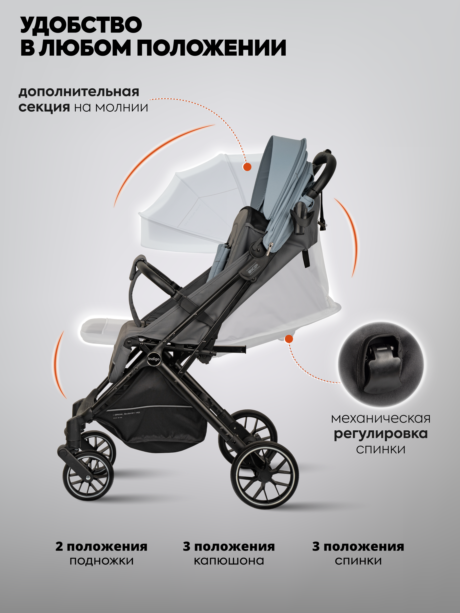 Коляска прогулочная Indigo Skip для путешествий, голубой голубой - фото 6