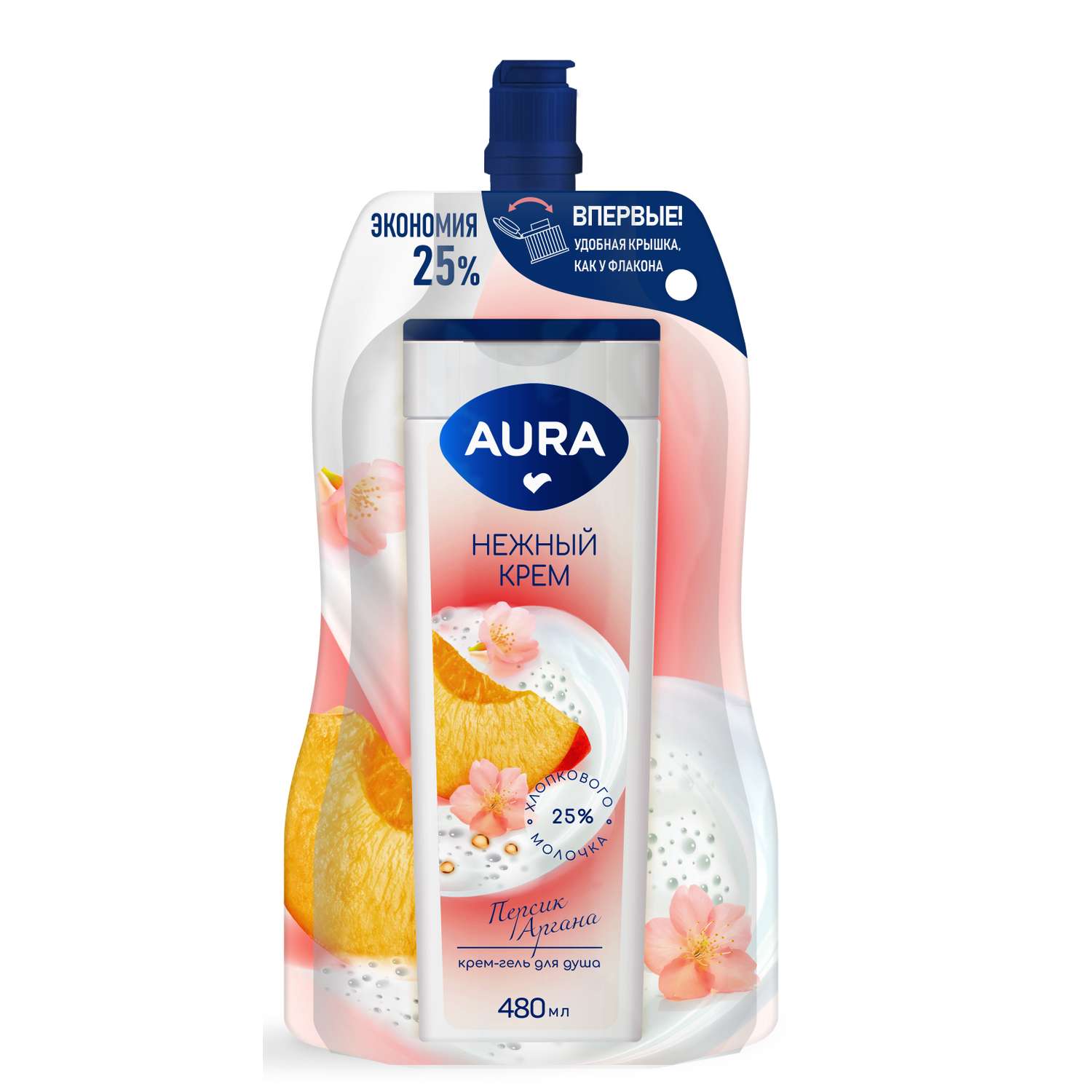 Гель-крем AURA для душа Персик и Арган 480 мл - фото 1