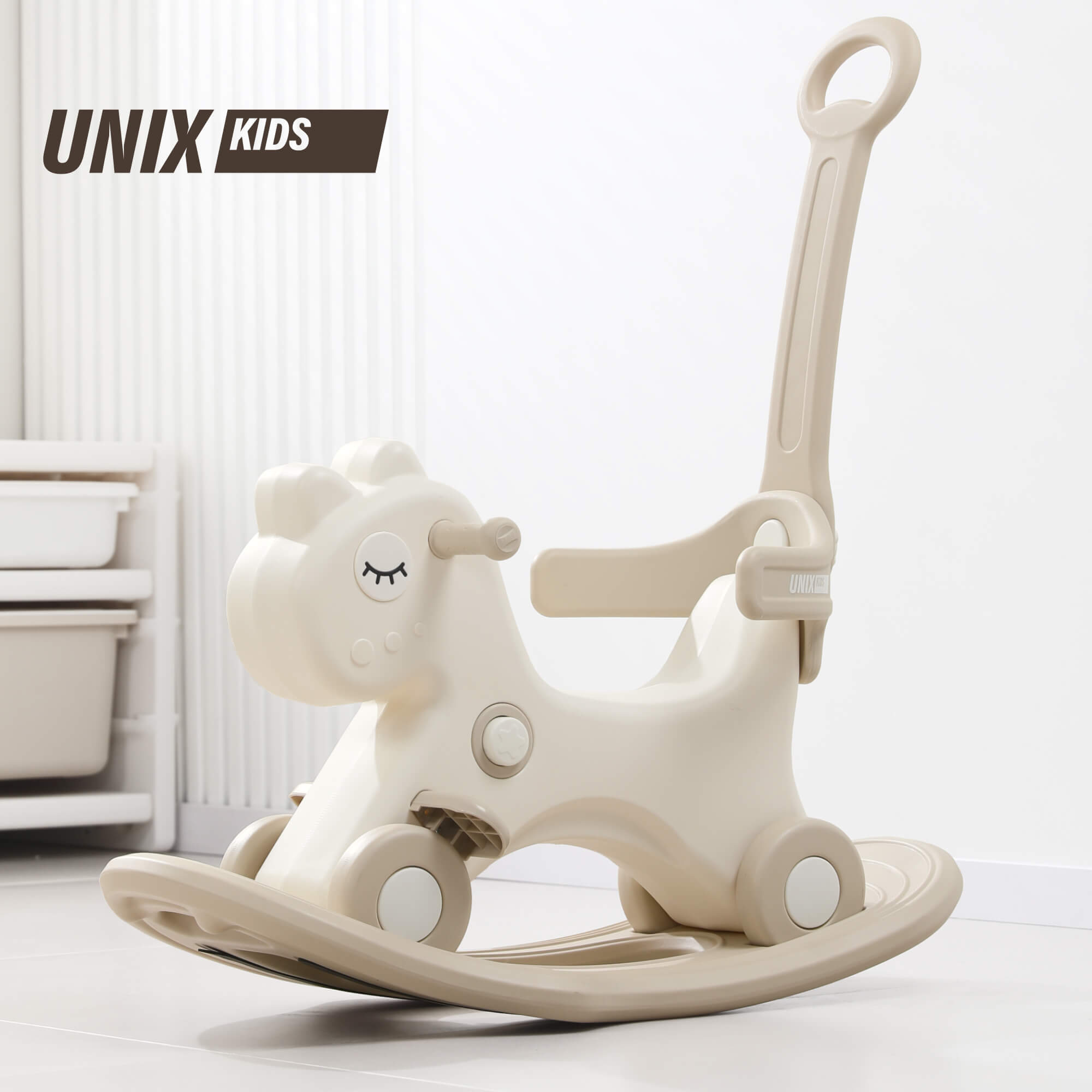 Каталка UNIX Kids Dino с ручкой бежевый - фото 1