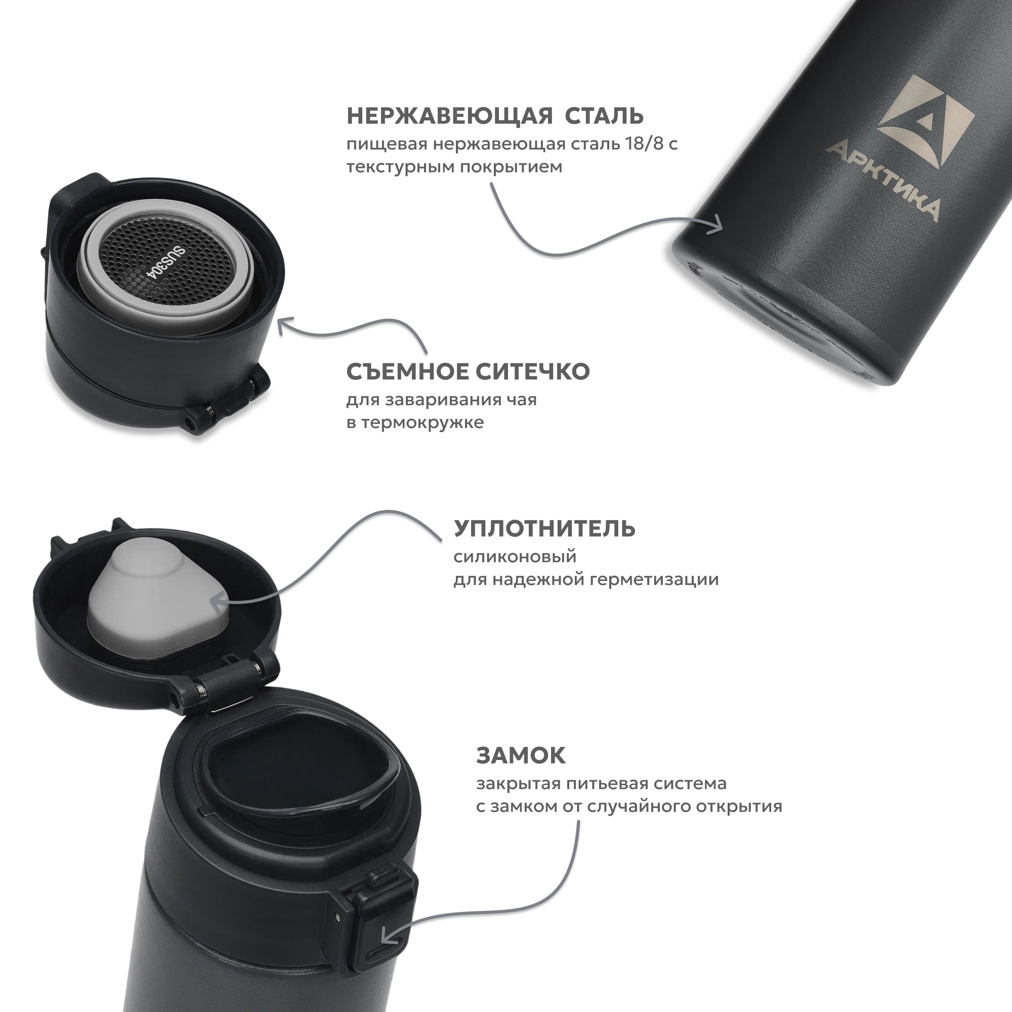 Термокружка Арктика 703-470 графит с ситечком - фото 3