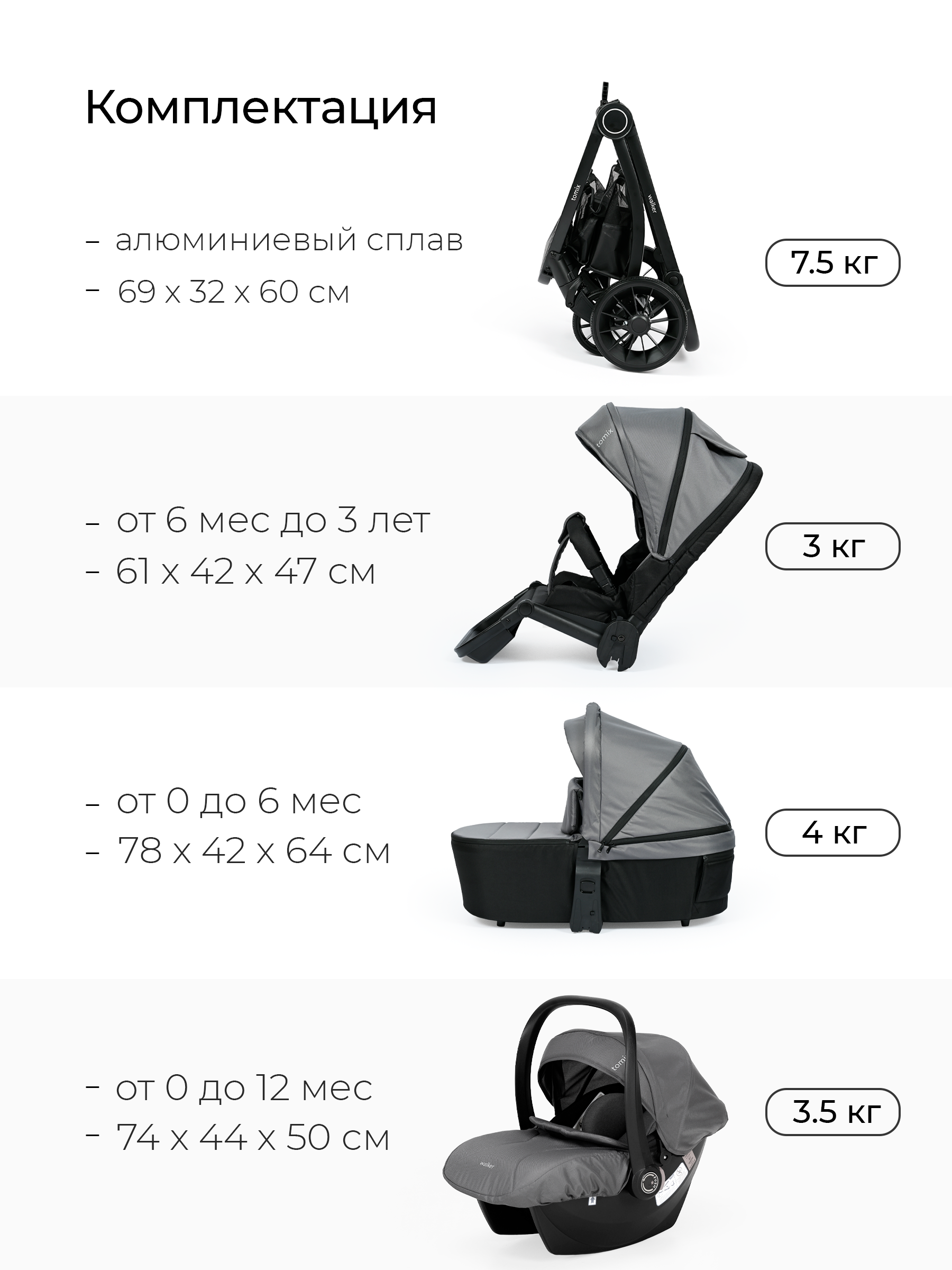 Коляска 3в1 Tomix Walker серый - фото 21