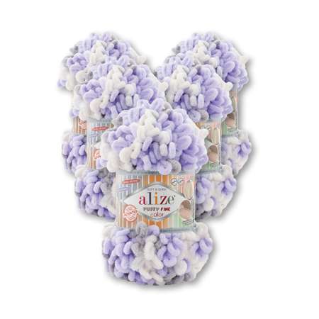 Пряжа для вязания Alize puffy fine color 100 г 14.5 м микрополиэстер плюшевая мягкая 6372 секционный 5 мотков
