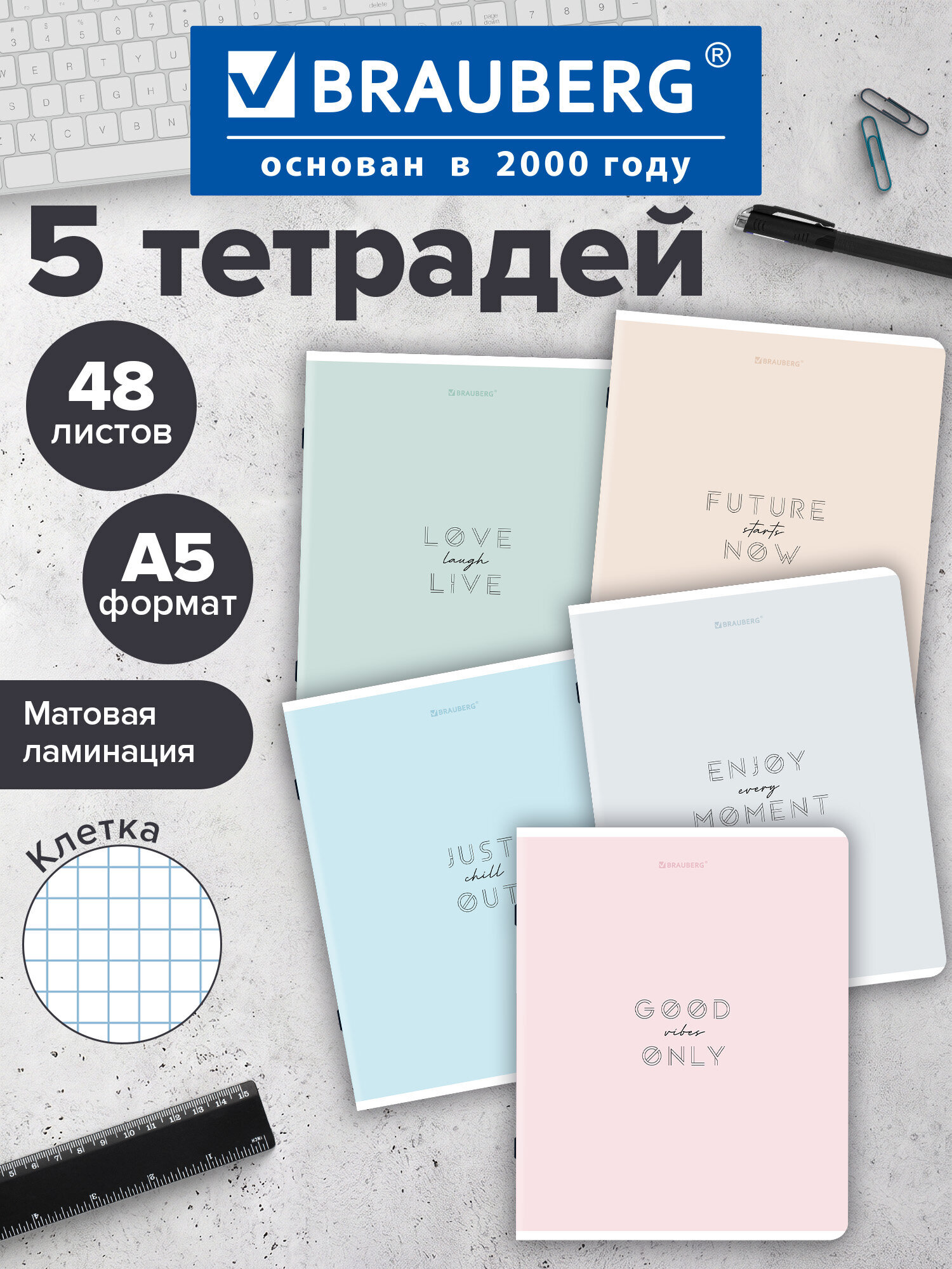 Тетрадь Brauberg клетка 48 лист. 5 шт. - фото 1