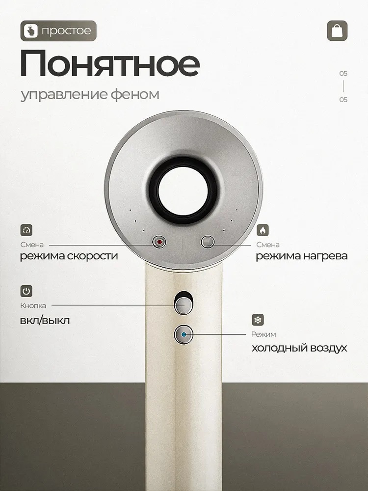 Фен с 5 магнитными насадками CASTLELADY с ионизацией 1600 BT шнур 1,8 метра бежевый - фото 3