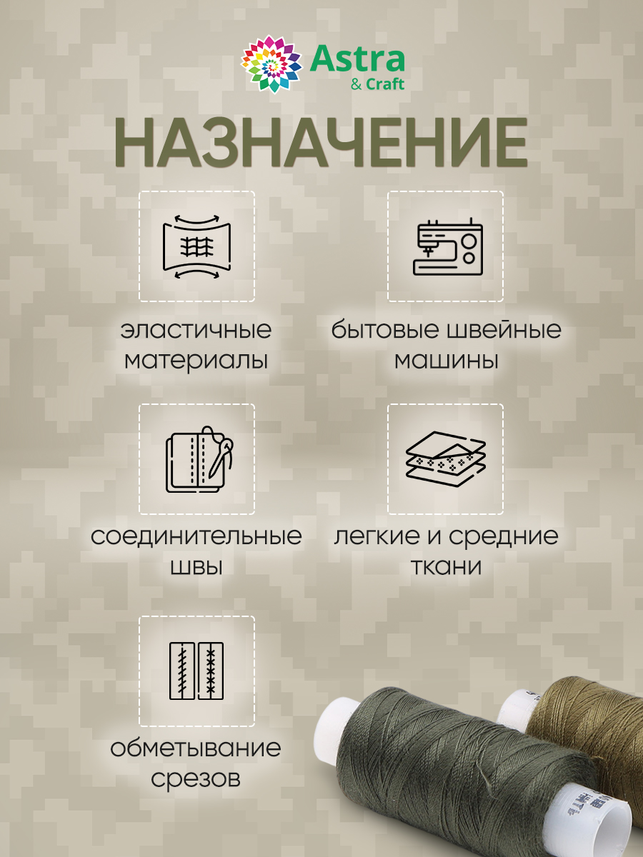 Набор ниток Astra and Craft штапельные для шитья ткани легкой и средней плотности 40 ЛШ 200 м Ассорти 5 шт - фото 3
