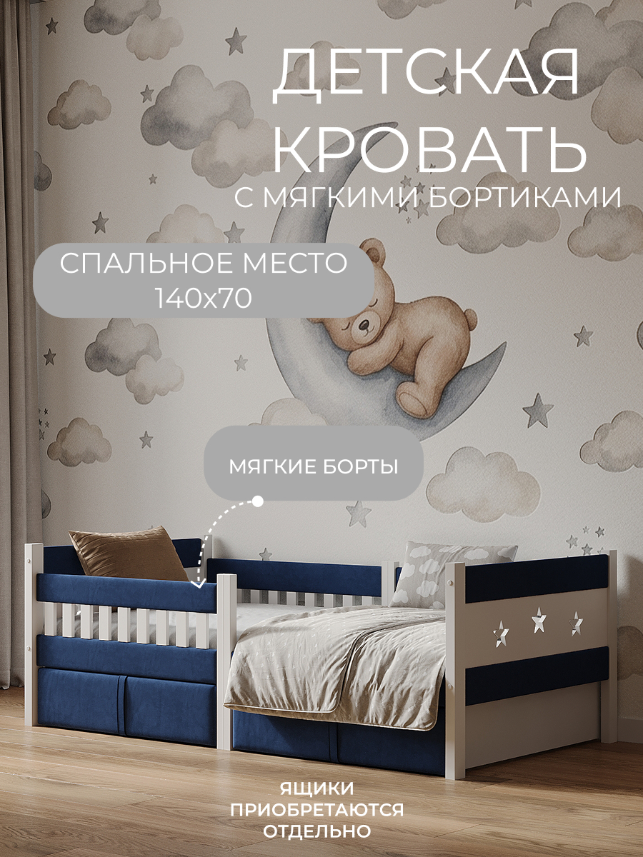 Кровать подростковая Мамина прелесть с мягкими бортами 140х70см (синий) - фото 1