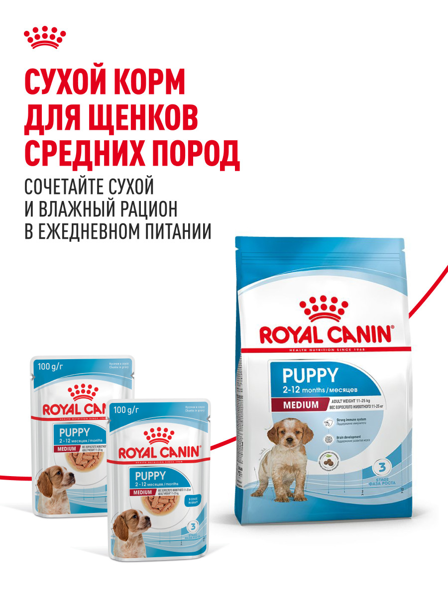 Корм для щенков влажный ROYAL CANIN Medium Puppy средних пород в возрасте до 12 месяцев соус 100 г - фото 8