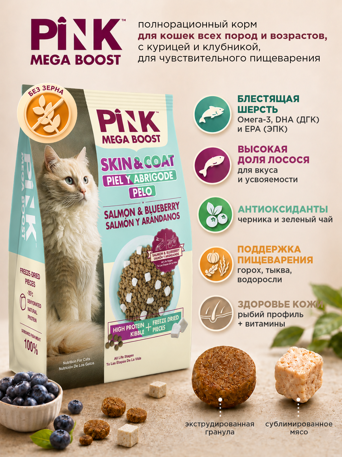 Сухой корм для кошек PINK MEGA BOOST Здоровая кожа и шерсть Лосось и черника с сублимированным мясом 400г - фото 2