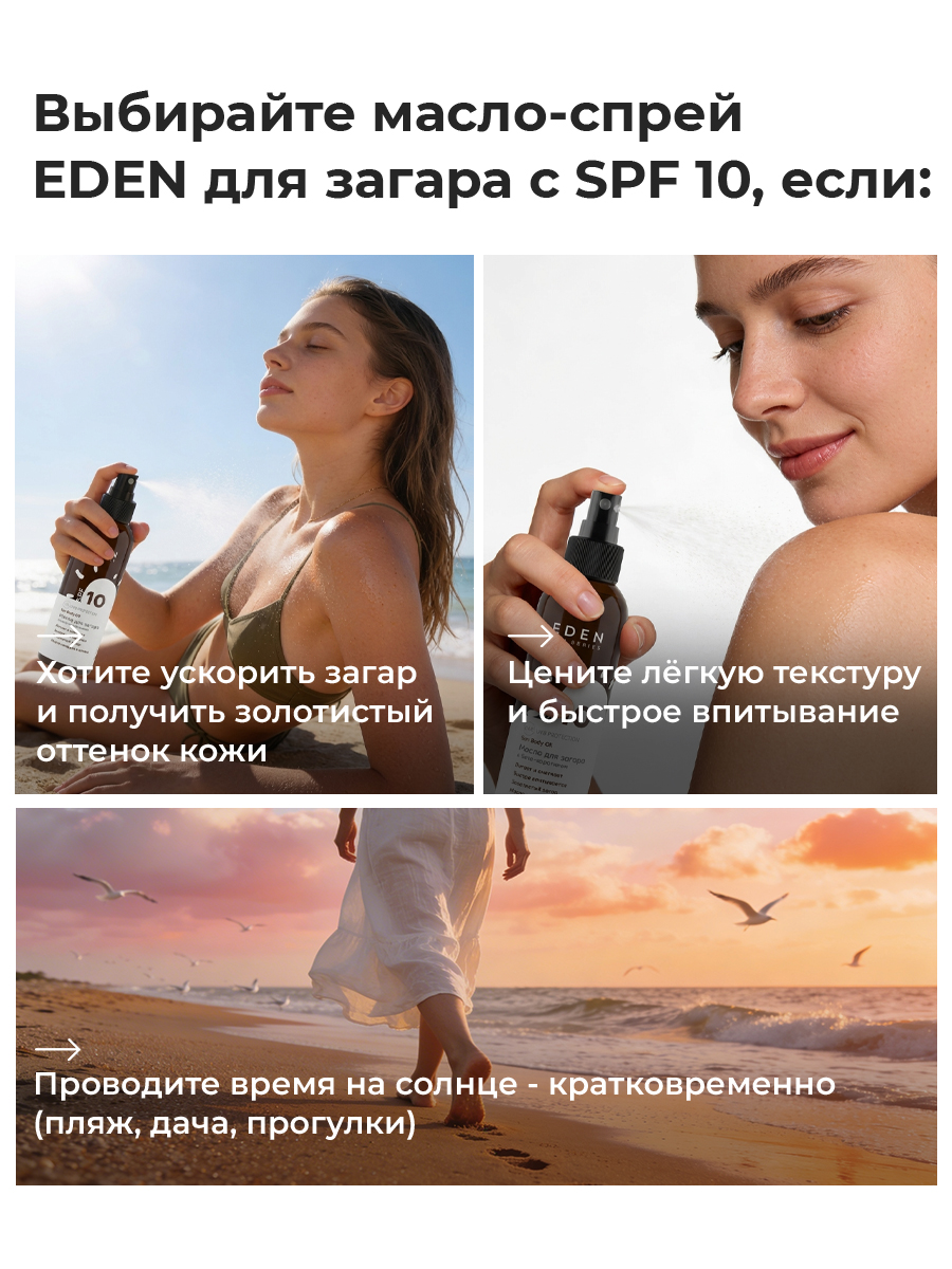 Масло для загара EDEN Sun Series с бета-каротином SPF10 150мл - фото 8
