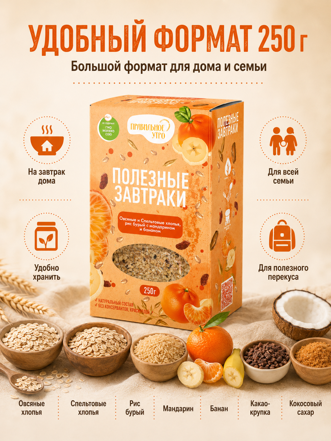 Готовый завтрак мюсли Правильное утро Овсяные Спельтовые хлопья Рис бурый 65гр - фото 5