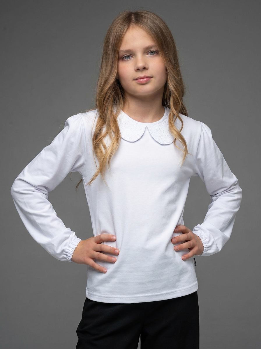 Изображение товара Блузка Looklie 140 для девочки с длинным рукавом белого цвета Изображение товара Блузка Looklie 140 для девочки с длинным рукавом белого цвета