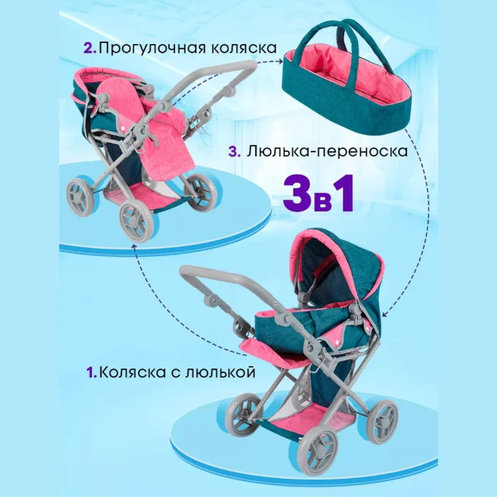 Коляска 3 в 1, коляска-люлька, коляска-трансформер, прогулочная коляска для кукол MELOBO 9346C - фото 7