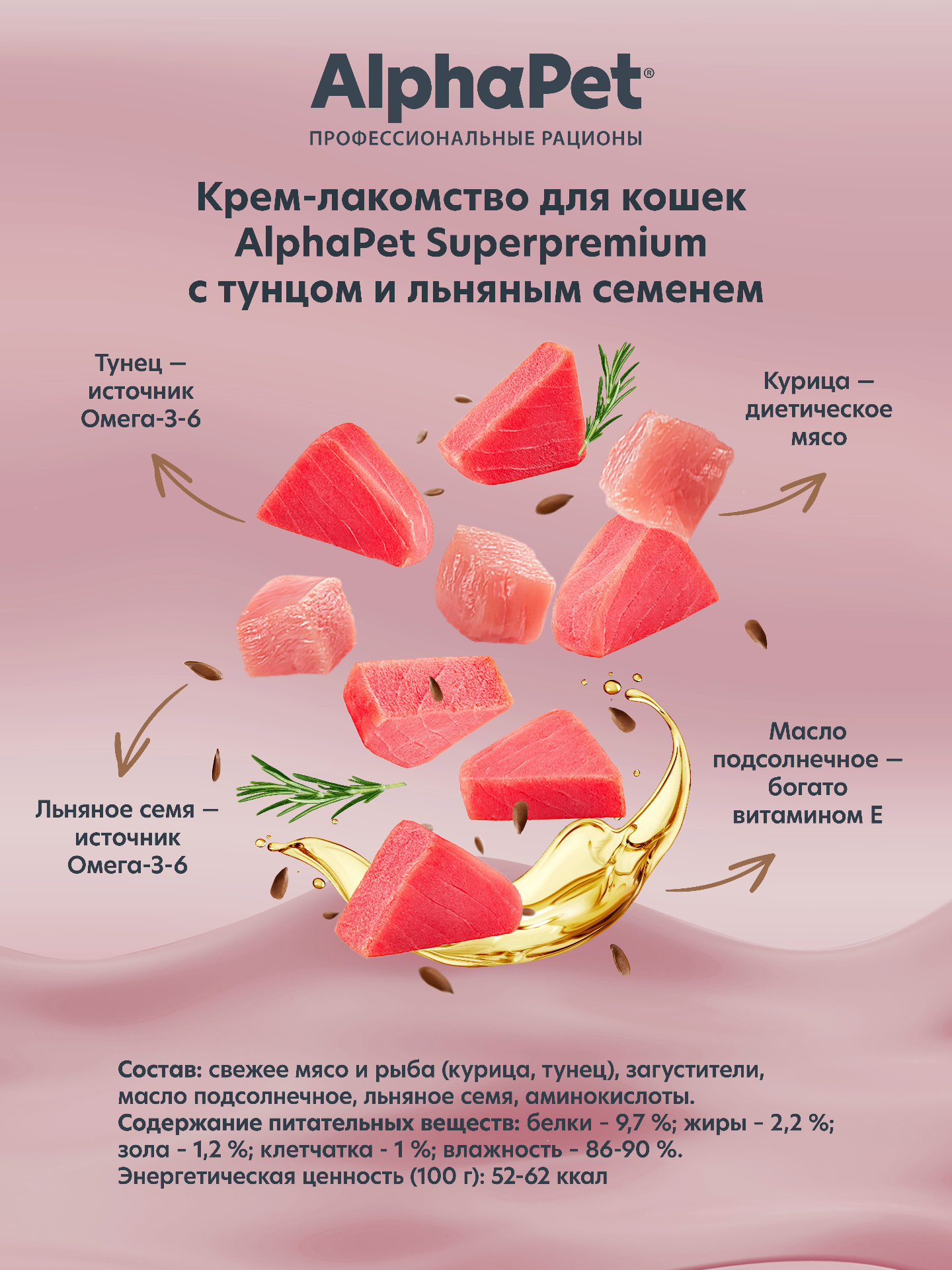 Крем-лакомство AlphaPet для кошек Superpremium с тунцом и льняным семенем 48 г 5в1 - фото 4